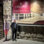Moldawien, Bild zeigt Cricova Weingut, Werbeplakat, davor posiert ein Mann